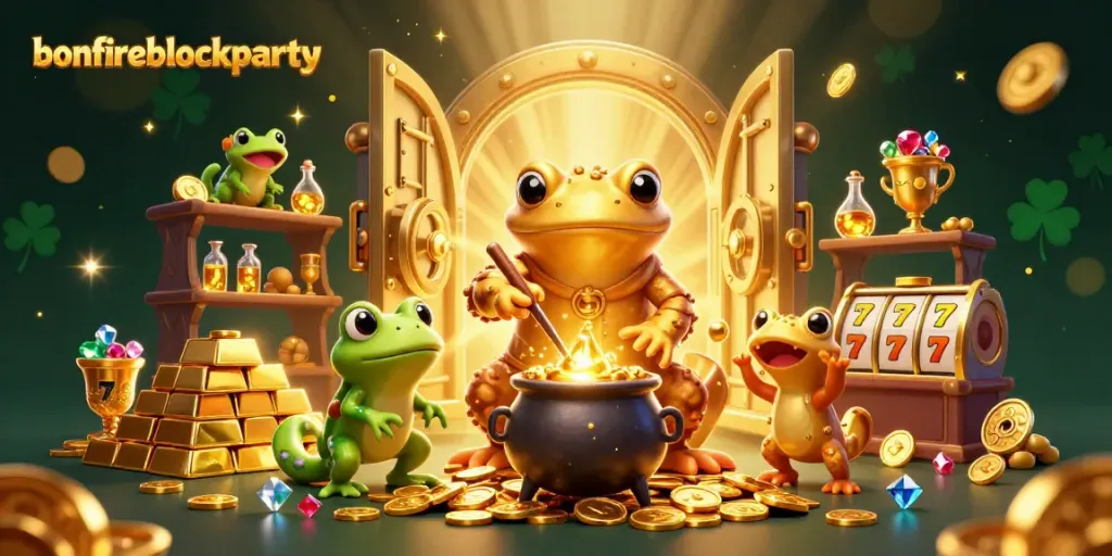 Win big at bonfireblockparty with a vibrant 3D illustration showcasing casino excitement and gold treasures.