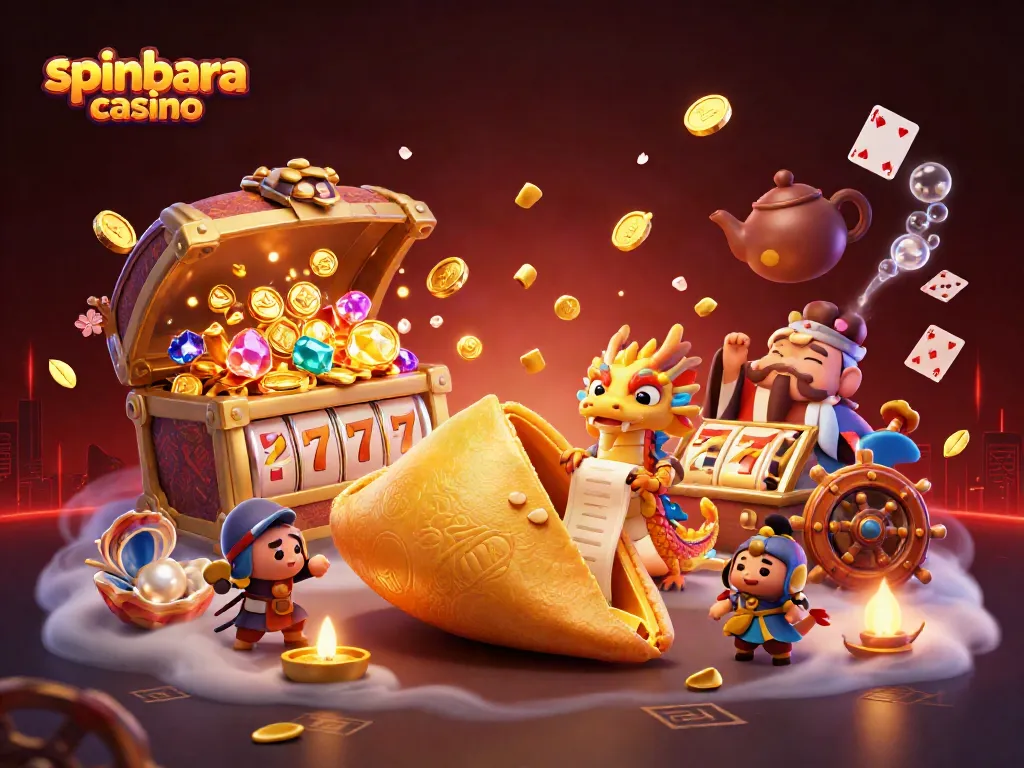 Engage in thrilling gaming at Spinbara Casino with vibrant illustrations of golden treasures and dynamic casino elements.