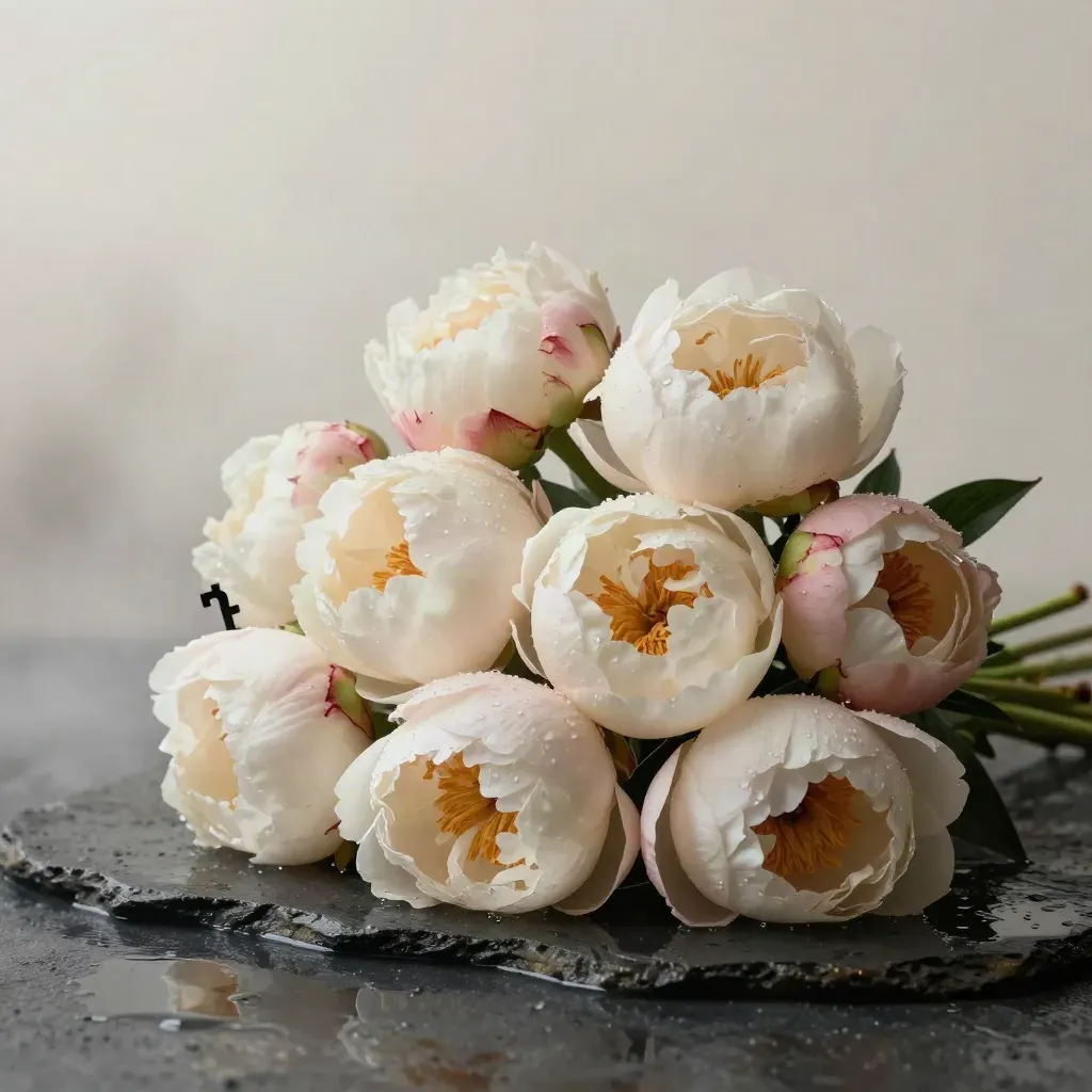 Ramo de peonías y rosas crema sobre piedra húmeda, con niebla baja y luz dramática.