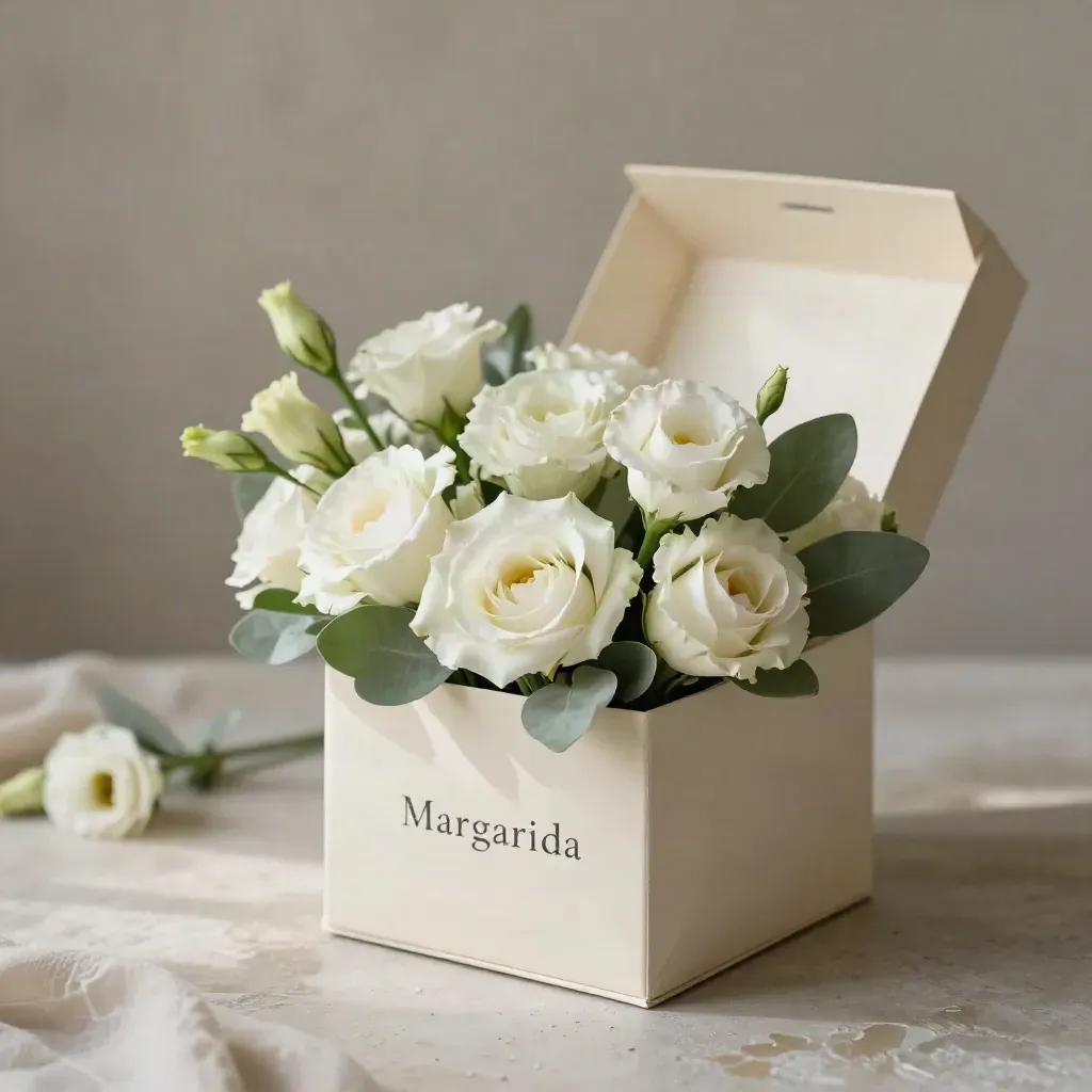 Caja crema con rosas blancas y lisianthus sobre piedra clara, en luz suave y serena.