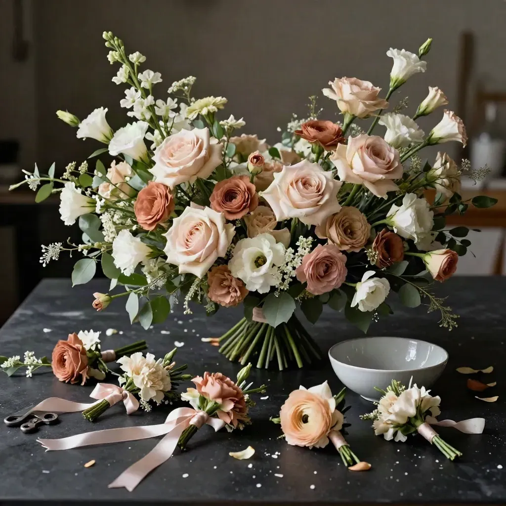 Ramo, centros bajos y prendidos de boda entre flores de temporada y bruma de taller.
