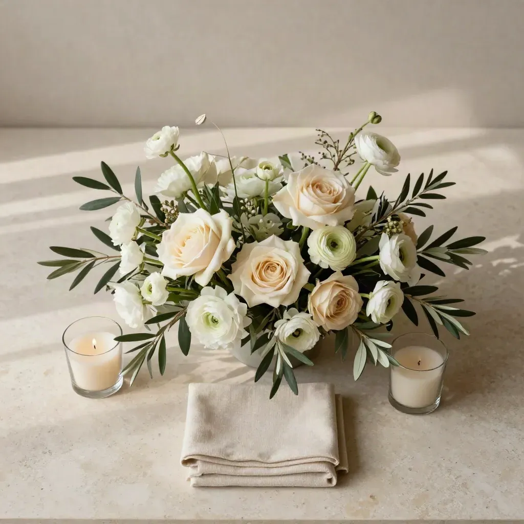 Centro de boda con flores crema, salvia suave y velas bajas sobre lino natural.