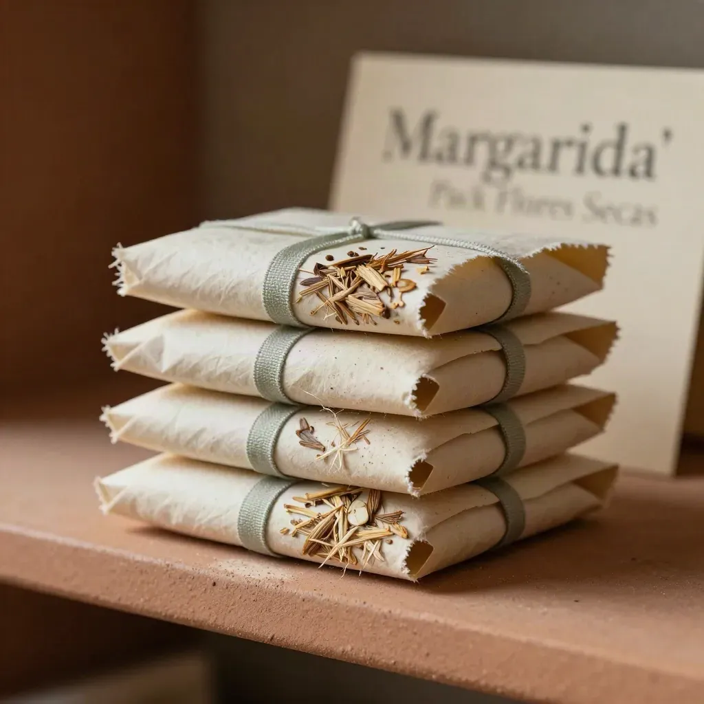 Primer plano de un pack de flores secas con papel natural, fibras y tallos tostados.