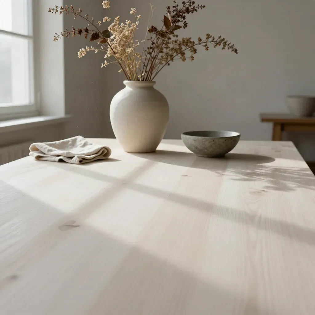 Interior floral blanco con jarrón alto, ramas y mesa de roble bañada por luz suave.