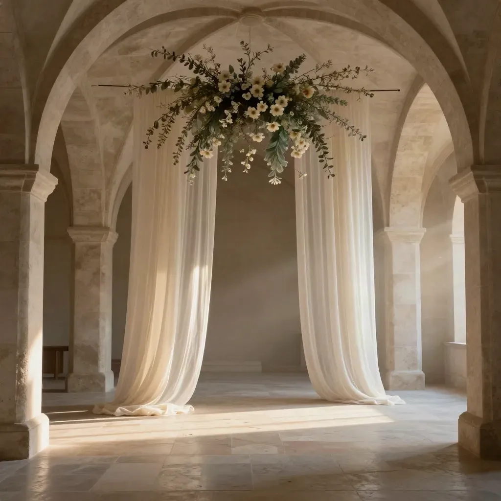 Sala nupcial de piedra con cortinas de lino y flores suaves en la parte alta.