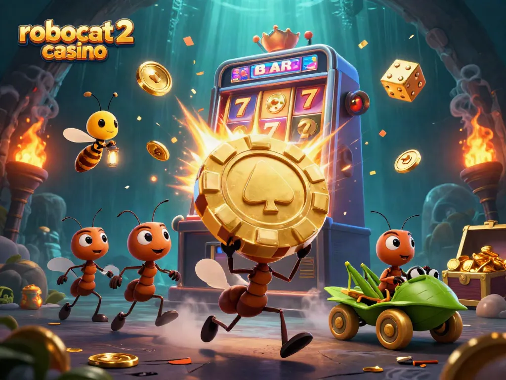Experience thrilling gameplay at robocat 2 casino, where cartoon ants steal chips amidst a jackpot explosion.
