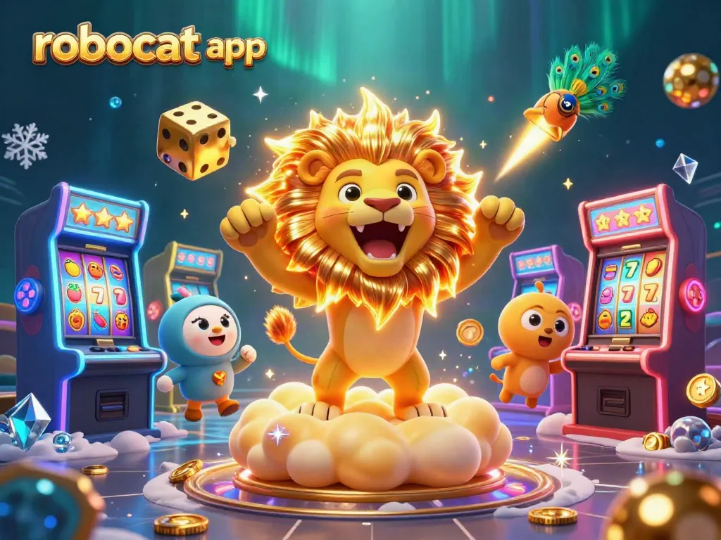 Experience the excitement of gaming with the robocat app in a vibrant, epic casino scene.